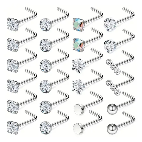 24pcs/set Rhinestone Decorated Stainless Steel Nose Studs, Nose Piercing Jewelry for Women & Men, Body Matching Jewelry for Parties, Daily Clothing Decor, Nose Ring Jewelry, Fashion Body Jewelry
