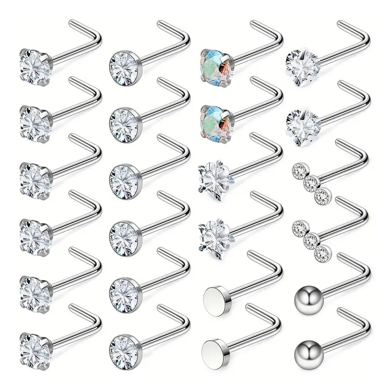 24pcs/set Rhinestone Decorated Stainless Steel Nose Studs, Nose Piercing Jewelry for Women & Men, Body Matching Jewelry for Parties, Daily Clothing Decor, Nose Ring Jewelry, Fashion Body Jewelry