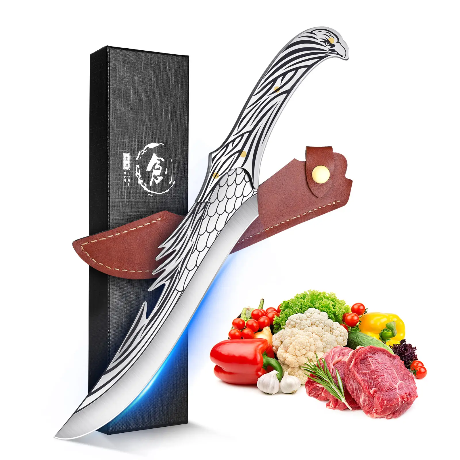 ROCOCO FallFreshness 8" Unique Eagle Style Chef Knife: High Carbon Steel Viking Knife with Sheath—Perfect BBQ Knife 、Thanksgiving Day,Black Friday Gif