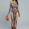 Lebellanova Women's Off-Shoulder Printed Bodycon Smooth Dress, Casual Chic Fitted Longsleeves Maxi Dress, Fashion Apparel Stylish Women's Wear for Party, Birthday (S-XXXL)