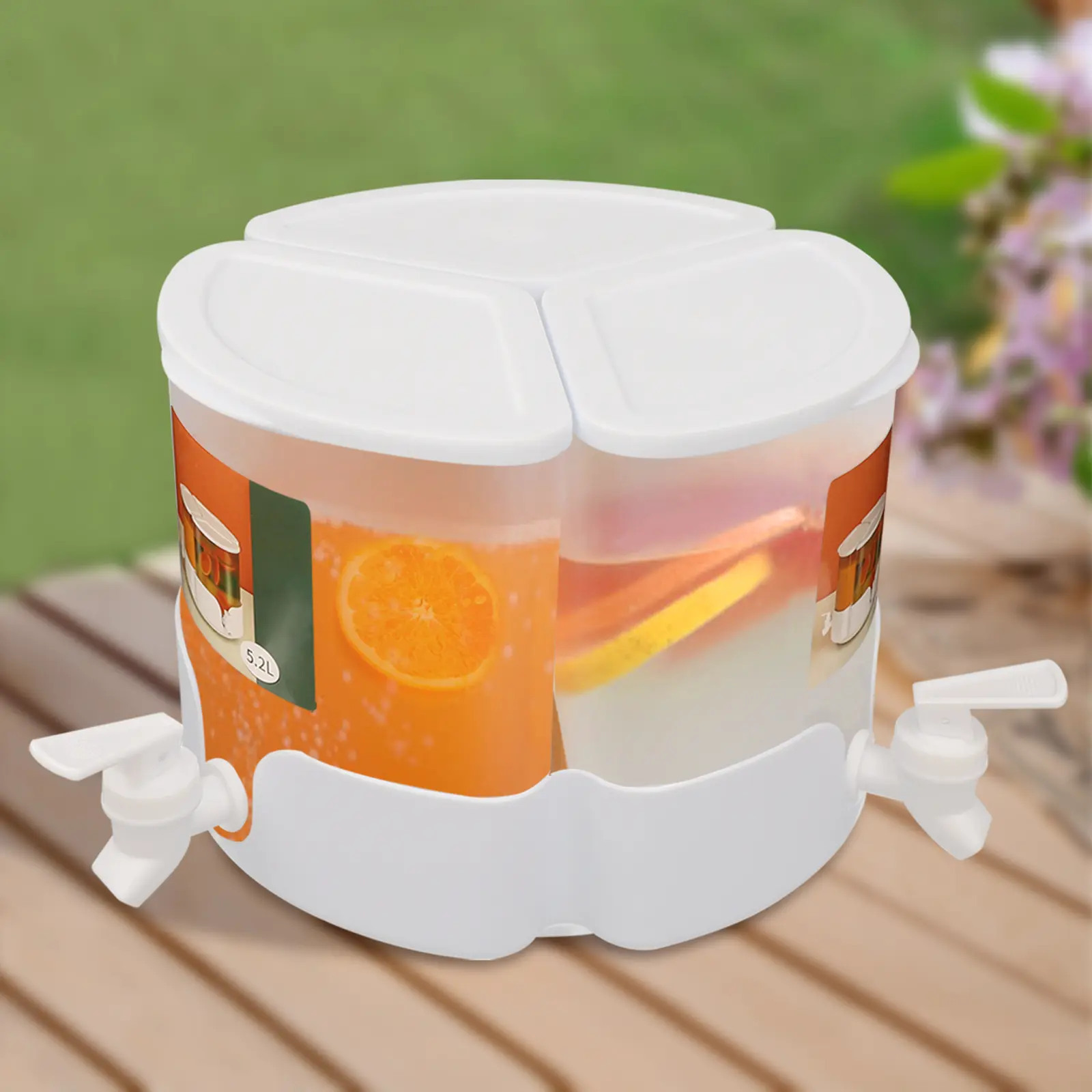 CNCEST 5.2L Transparent Round 3-Compartment Fruit Lemon Beverage Cold Drink Dispenser Jar with Lid, Kitchenware Container for Hotel, Party Use (Ideal for Juice, Tea)