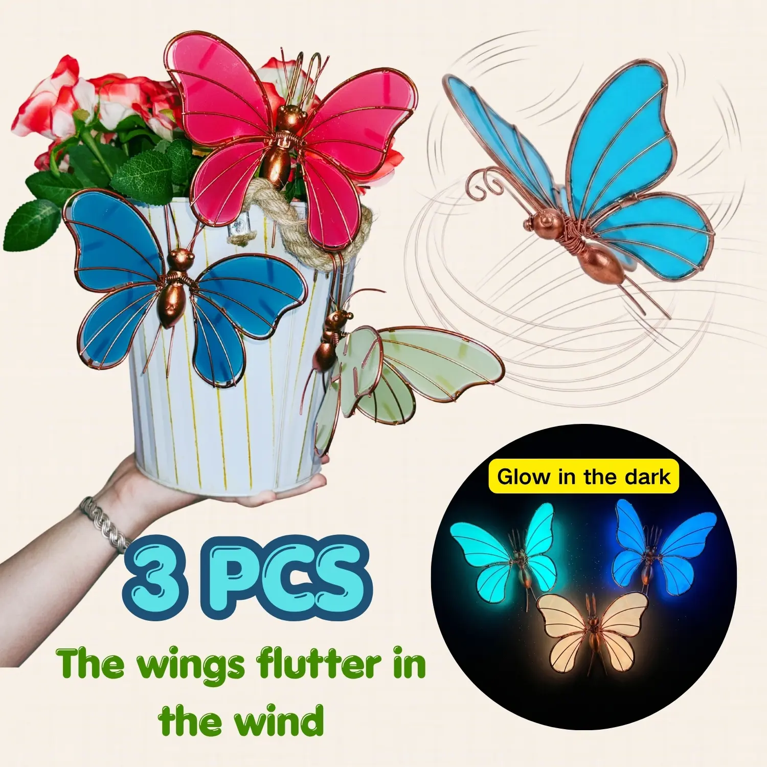 Glow in The Dark Metal Butterfly Pot Hanger, 3 PCS, Colorful Hanging Ornament for Plant Pots, Garden Fences, Walls, Indoor & Outdoor Decor, Ideal Gift for Plant Parents and Gardening Lovers