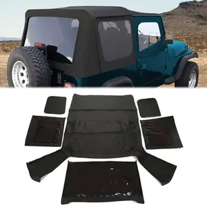 Replacement Soft Top Compatible with 1987-1995 Jeep Wrangler YJ 2 Door Sailcloth Vinyl Black Roof, Zip Out with Tinted Plastic Windows w/o Front Upper Door Skins