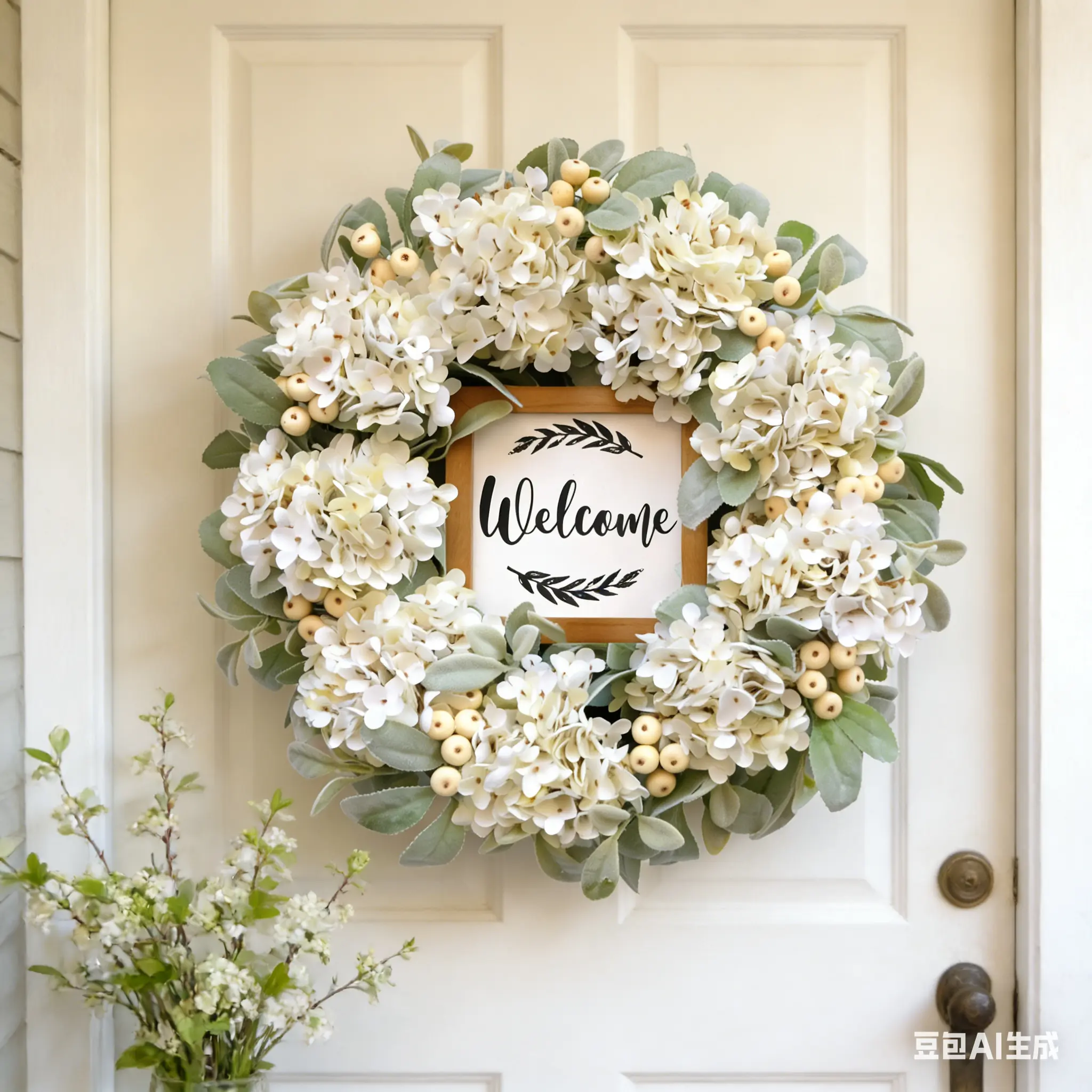 24 Inch All Season White Hydrangea Wreath for Front Door, Farmhouse Welcome Wreath with Cream Berries & Lamb's Ear Leaves, Indoor Outdoor Wall Window Wedding Everyday Home Decor, Fall Decor, Home Decor Items, Living Room Decor Ideas, Cool Room Decor, Wood