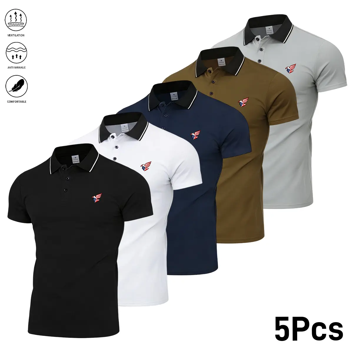 JOGWAVE men’s short-sleeve polo shirt—new solid-color design with soft fabric; breathable polo/golf shirt for outdoor casual and business wear; ideal for vacations and business activities; eagle print and collar design; suitable for holidays and business