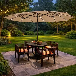 Solar Lights Patio Umbrella - 15/10/9Ft with 36 LED Lights & Base, Outdoor Table Parasol comes Easy Tilt and Crank Adjustable, UV and Waterproof Performance for Beaches, Pool, Deck, Yard and Garden