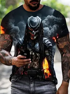 Iron Soldier Battlefield Print Men's T-Shirt, Sci-Fi Hardcore Style Short Sleeve Top, Fashionable Comfort Design, Ideal Gift Choice