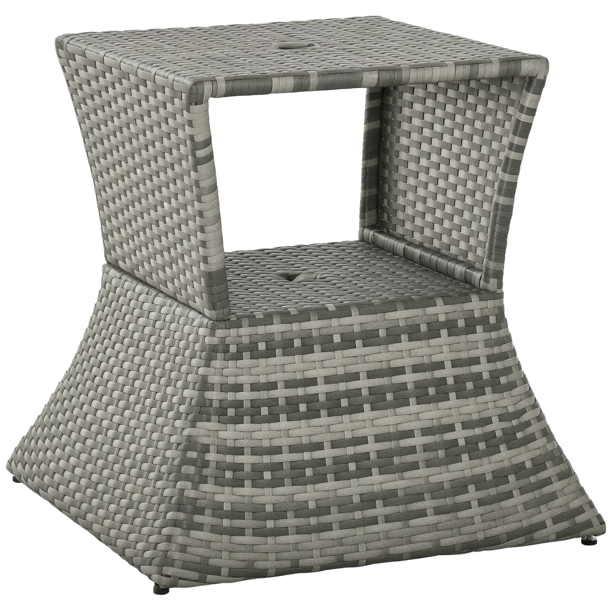 Outdoor Side Table with Umbrella Hole, 2 Tier Rattan Wicker End Table with Storage Shelf, All Weather for Outdoor, Patio, Garden, Backyard, Mixed Gray