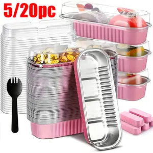 5/20pc Mini Cake Pans, Rectangular Aluminum Foil Baking Cups, with Lid Spoon, Mini Cheese Cake Box, Ideal for Baking and Serving