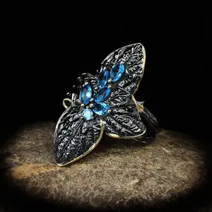 Black Gun Plated Blue Zircon Ring for Women – Trendy Fashion Jewelry