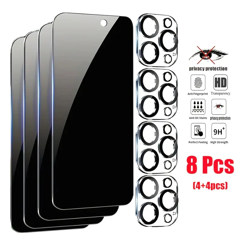 8-Piece Full-Coverage 9H Tempered Glass Set HD Privacy Screen Protectors & Lens Protectors for iPhone 16/15/14/13/12/11 Series (4 Screen + 4 Lens Guards) Screen Protector Iphone