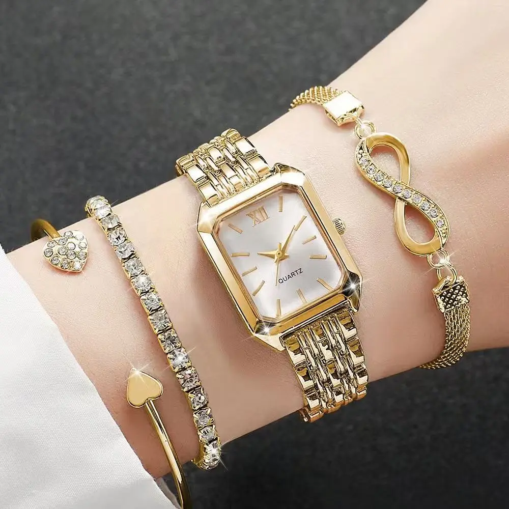 Women's Elegant Rectangle Alloy Bling Quartz Wristwatches Set (4PCS) with Rhinestone Bracelets, Fashion Accessories for Women (Without Box), Watches