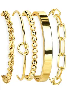 5 Pieces Set Gold Bracelets for Women Non Tarnish, 14K Gold Plated Chunky Cuff Bracelet Gold Bangles Bracelet for Women Trendy Tie Knot Cuban Chain Bracelet Cuban Rope Paperclip Beaded Bracelet Stackable Bracelet Stack Jewelry Gifts