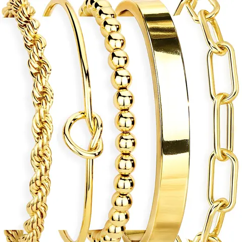 5 Pieces Set Gold Bracelets, Fashion Bracelets for Women Non Tarnish, 14K Gold Plated Chunky Cuff Bracelet Gold Bangles Bracelet for Women Tie Knot Cuban Chain Bracelet Cuban Link Bracelet Stackable Bracelet Stack Jewelry Gifts Fashionable Bracelet