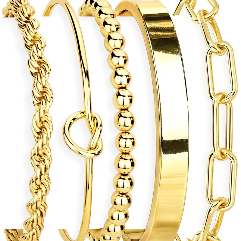 5 Pieces Set Gold Bracelets, Fashion Bracelets for Women Non Tarnish, 14K Gold Plated Chunky Cuff Bracelet Gold Bangles Bracelet for Women Tie Knot Cuban Chain Bracelet Cuban Link Bracelet Stackable Bracelet Stack Jewelry Gifts Fashionable Bracelet