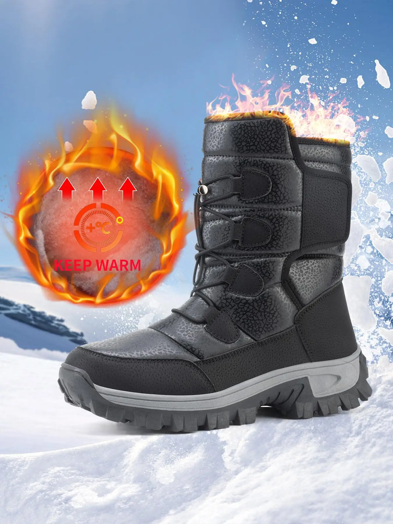 Men's Warm Plush Lining Snow Boots, Casual Waterproof Non-slip Outdoor Short Boots, Warm Ankle Snow Footwear for Winter Outdoor Camping Trekking Win