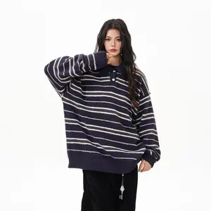 Preppy Color-Blocking Stripe Polo Neck Knitwear Women's Vintage Faux Mink Knitted Top