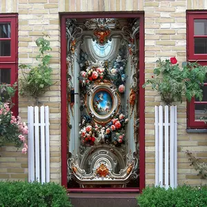 2pcs European Retro Palace Style Decorative Door Wall Sticker Stereo Relief Effect Self Adhesive Wallpaper for Living Room Entrance Background Wall Renaissance Oil Painting Flower Angel Pattern Removable