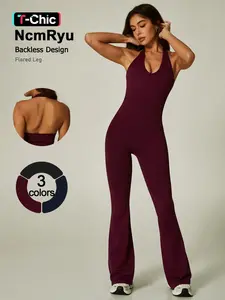 Women's Sporty One-Piece, Summer Spring Fashion, Halter Micro Flare Pants, High Elasticity, Breathable, Yoga Running Commute, Workout Jumpsuits, Sports Jumpsuits
