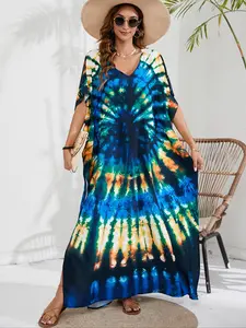 Plus Tie Dye Batwing Sleeve V Neck Cover Up Dress, Summer Clothes Women, Boho Style Dresses, Boho Split Half Sleeve Dress for Summer Beach Holiday Vacation, Women's Plus Size Clothes