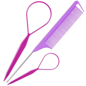 Hair Braiding Tool Set - 3Pack with French Braid Tool, Rat Tail Comb, and Metal Pin Comb for Hairstyling, Purple