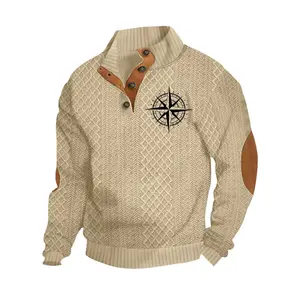 Men's Solid Color Jacquard Pullover Sweater, Quarter Button, Long Sleeve Stand Collar, Nautical Print, Casual Streetwear