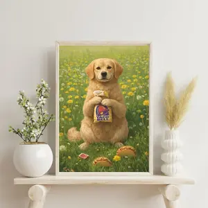 Funny Dog Taco Bell Poster, Golden Retriever Wall Art, Dandelion Field Print, Whimsical Dog Painting, Kitchen Decor, Pet Lover Gift