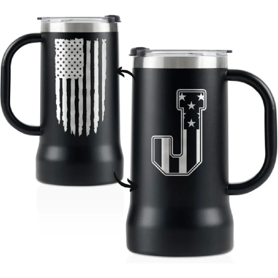 24 oz Sturdy Personalized Beer Stein Mug with Ergonomic Handle - Washable Drink Cup for Adults, Customizable with Patriotic US Flag or Monogram, Ideal for Party, Beer Lovers’ Birthday Gifts