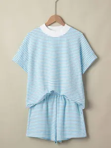 Trendy Striped Matching Set for Women: Relaxed Mock Neck Tee with Cuffed Sleeves & Pull-On Shorts, Comfy Everyday Co-ord Outfit