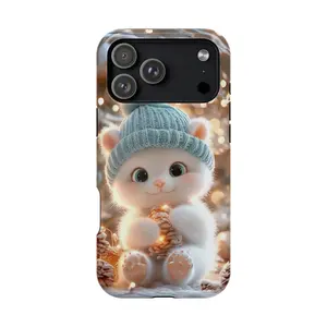 Cute Winter Cat Phone Case – Fluffy White Kitty with Pinecone & Lights, Cute Phone Case, Funny Gift, Gift for Women, Mom, Sister, Friend, Him/ Her, Birthday - iP Xr, 11, 12, 13, 14, 15, 16, 17, S21, 22, 23, 24, 25 - Tough Case, MagSafe Case, Phone Case
