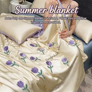 1 pack, embroidered Tencel summer cool quilt, super soft summer wrinkle-free single-layer quilt, suitable for hot sleepers, breathable, light and portable, suitable for family, office, station wagon