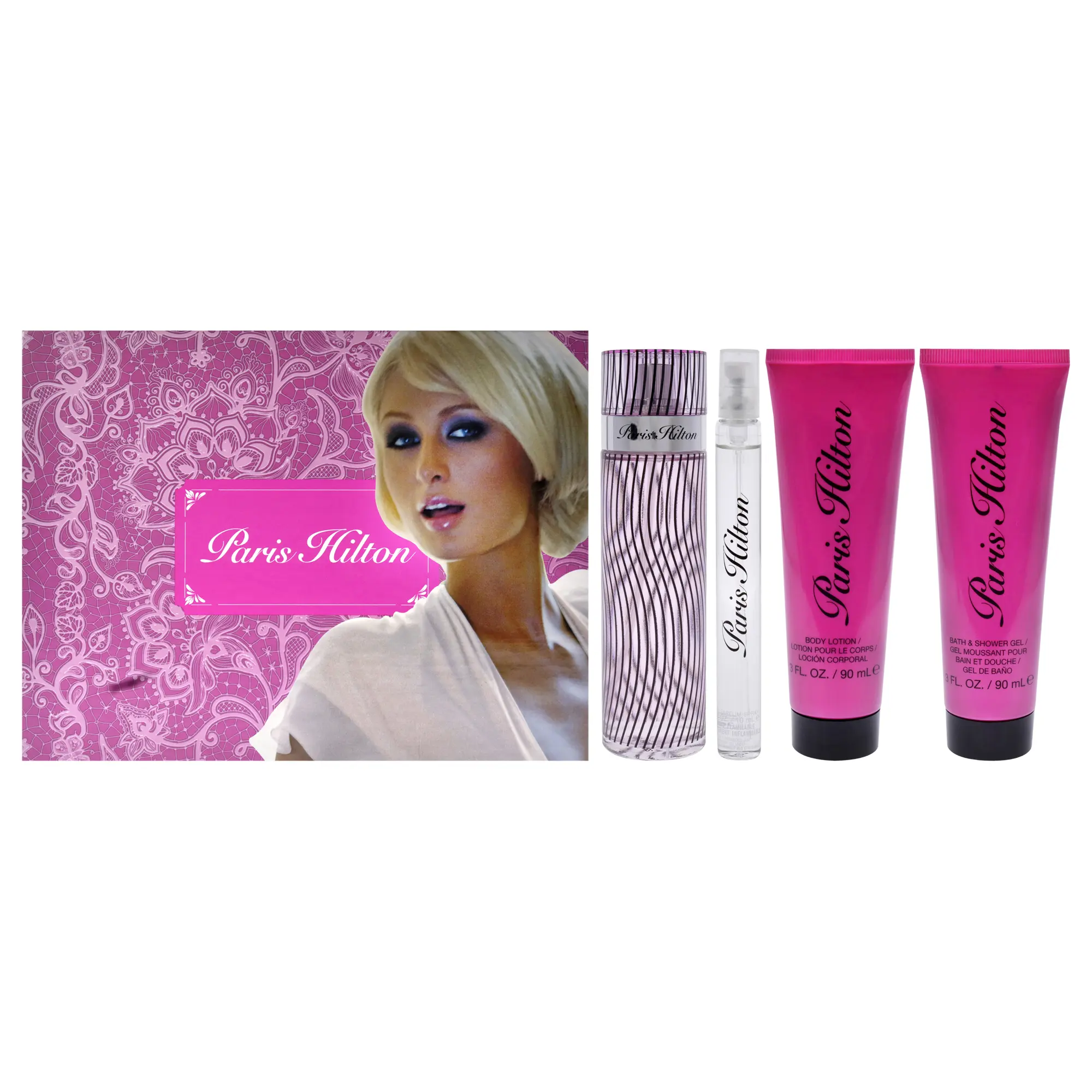 Paris Hilton Paris Hilton For Women 4 Pc Gift Set 3.4oz EDP Spray, 0.34oz EDP Spray, 3oz Body Lotion, 3oz Bath and Shower Gel