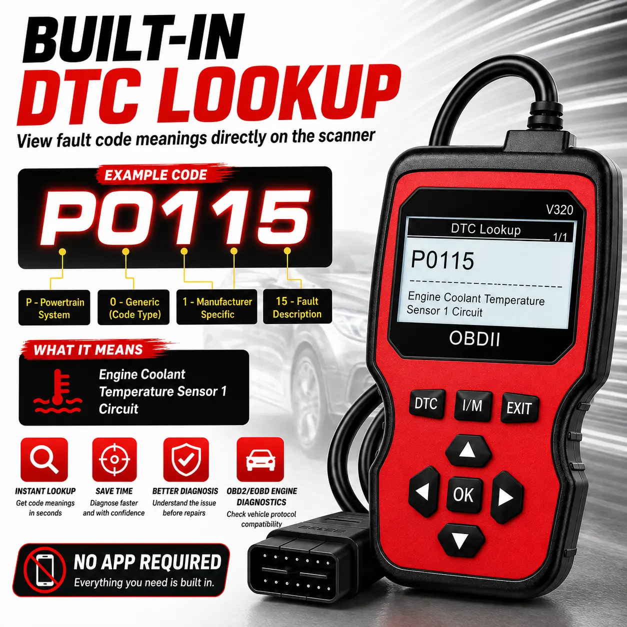 V320 OBD2 Scanner Code Reader, OBDII/EOBD Car Diagnostic Tool with Read & Clear Engine Codes, Live Data, Freeze Frame, I/M Readiness and DTC Lookup, Plug-and-Play Check Engine Light Scanner