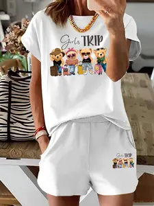 Women's Summer Casual Short Sleeve Tee & Shorts Set, Cartoon Bear Print Twinning, Round Neck Top & Hot Pants Ensemble