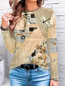 High-Quality Women's Vintage Newspaper Print Long Sleeve Casual Fitted T-Shirt, Elastic Comfort Fit, All Seasons, Party, Christmas, Wedding Gift Lady