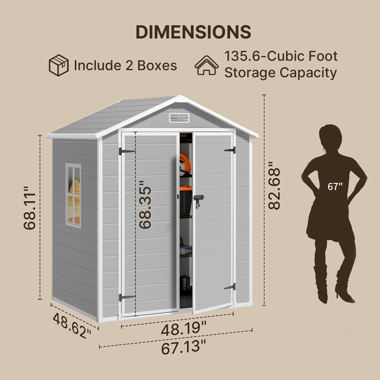 【2 Packages Shipping】Gizoon 6x4.4 FT Outdoor Storage Shed with Floor All-Weather Resin Garden Shed with Lockable Doors & Windows Plastic Tool Sheds for Patio Lawn & Garden Grey