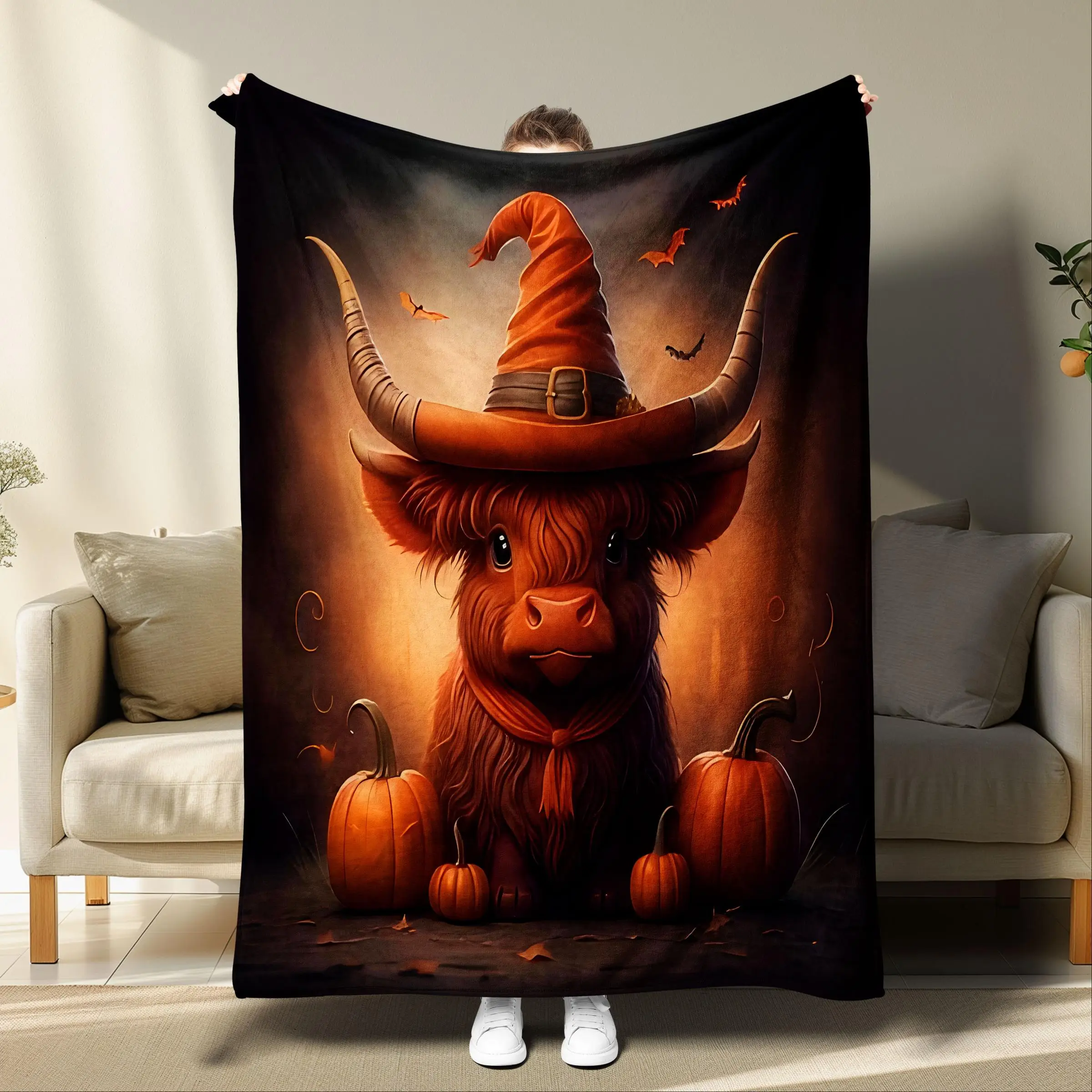 Cartoon Cow & Pumpkin Pattern Flannel Blanket, 1 Count Soft Throw Blanket, Bedroom Accessories, Warm Napping Blanket for Home Office Travel Camping, C