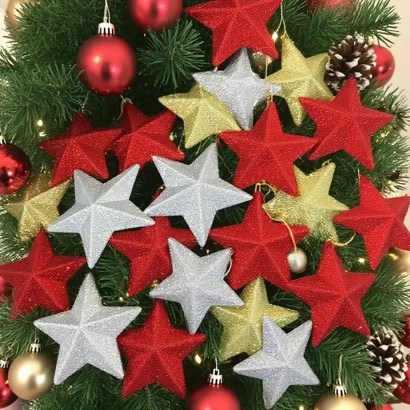 12-piece glittering five-pointed star Christmas tree ornaments - No power supply required, made of plastic, no feathers - The perfect choice for holiday decorations and party supplies