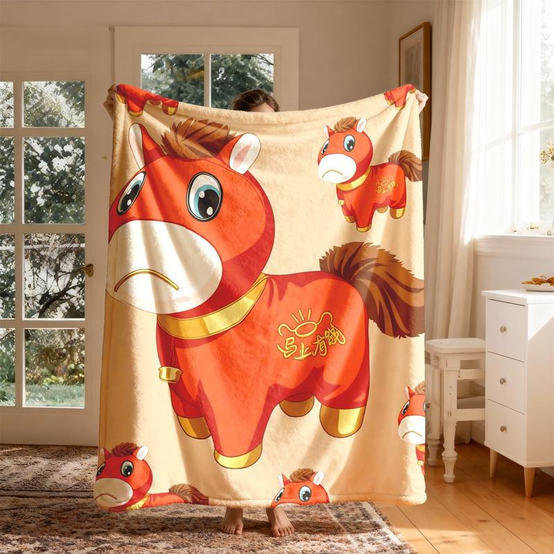 Cute Bitter Horse Theme Flannel Blanket, Large Size, Soft Lightweight Warm, Perfect for Bed Sofa Office Camping Travel Gift