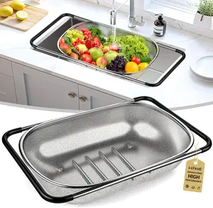 Over the Sink Colander Strainer Basket 6 Quart, Fine Mesh Stainless Steel Colander with Expandable Anti-slip Rubber Grip Handles, Kitchen Sink Vegetable Strainer for Drain Pasta, Rinse Fruits