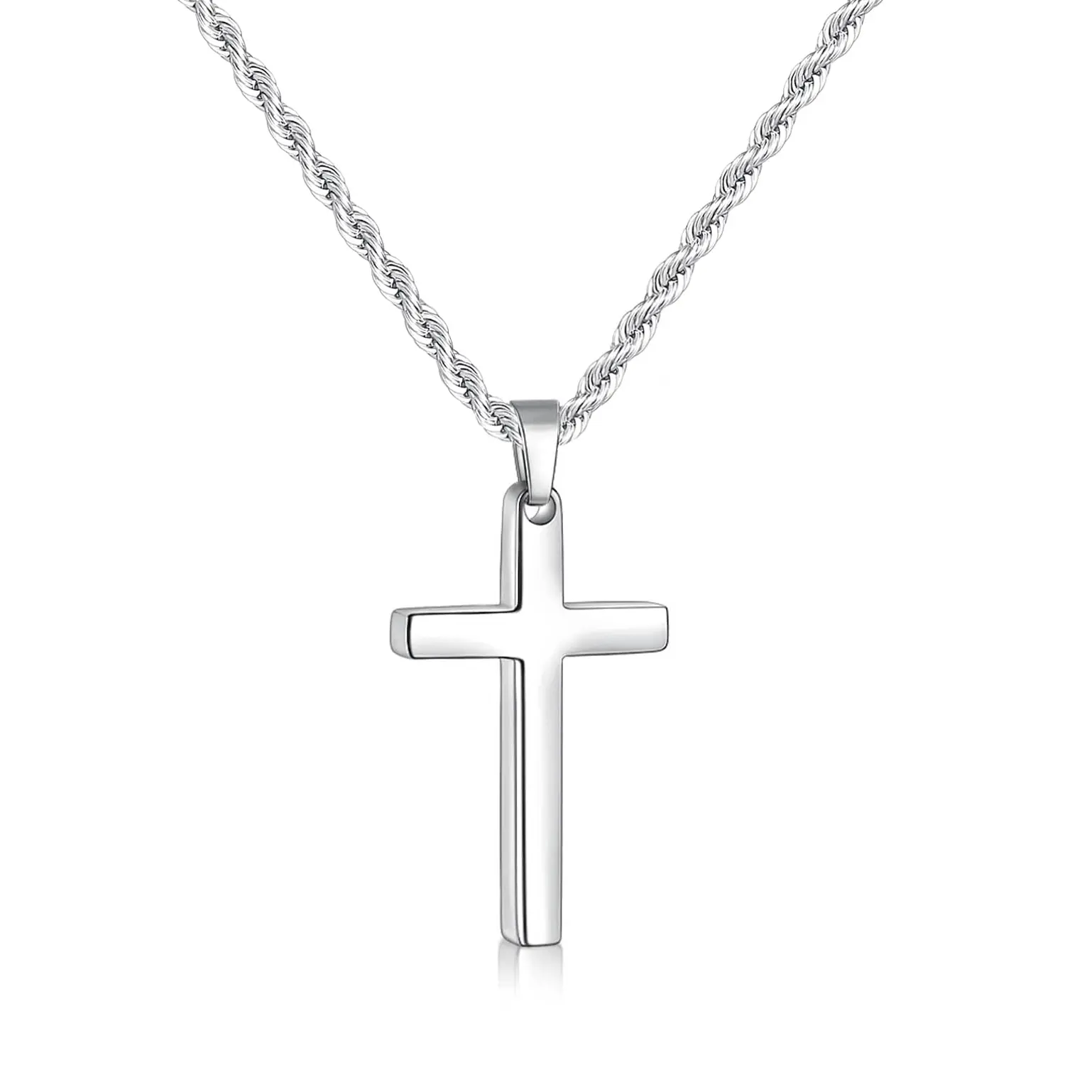 Stainless Steel Unisex Cross Necklace for Men and Women, Mens Chain Necklace with 2.5mm Rope Chain 18-26 Inches Mens Gift