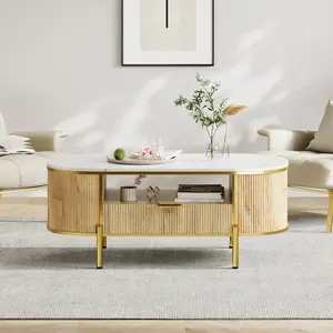 Oval Fluted Coffee Table with Storage, 48" Modern Coffee Table with Faux Marble Top&Storage,Fluted Center Table with Faux Marble Top and Gold Metal Decor, Center Table for Living Room, Home Office