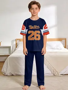 Dark Blue No.26 Sporty Style Pajama Set with Digital Printed Short-sleeve Top and Extended-length Pants, Made of Flame-Retardant Fabric. Fashionable, Trendy, Casual, Comfortable and Soft Pajama Set, Suitable for Sleeping and Home Relaxation. 100% Polyeste