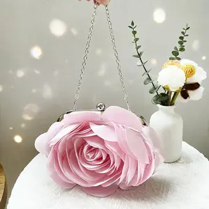 Elegant Cute Pink Flowers Evening Clutch Purse with Chains Satin Material Formal Handbag Romantic Design Dinner Bag Wedding Bridal Handbag Clutch Bag for Party Prom Banquet Wedding for Women Young