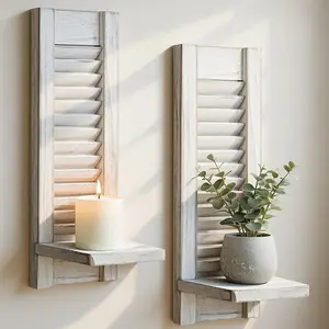 Candle Sconces Set of 2: Farmhouse Distressed White Wood Wall Candle Holder Sconces, Handmade Wooden Art Decor for Living Room Dining Room Bathroom Bedroom Entryway, 15.7"x5"
