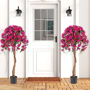COSTWAY - Set of 2 4.5 Feet Artificial Azalea Tree with Cement Pot-Red