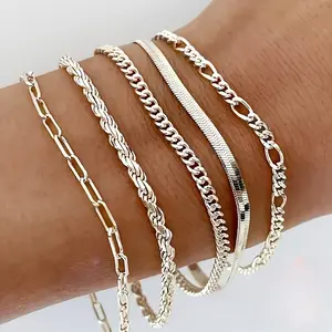5 Pieces Stainless Steel Cuban Chain Bracelet/Handmade Cuban Chain Bracelet/Fashionable Elegant Women's Cuban Bracelet/Stainless Steel Women's Chain Bracelet/Cuban Chain Bracelet Holiday Gift/Elegant Handmade Stainless Steel Bracelet