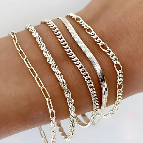 5 Pieces Stainless Steel Cuban Chain Bracelet/Handmade Cuban Chain Bracelet/Fashionable Elegant Women's Cuban Bracelet/Stainless Steel Women's Chain Bracelet/Cuban Chain Bracelet Holiday Gift/Elegant Handmade Stainless Steel Bracelet