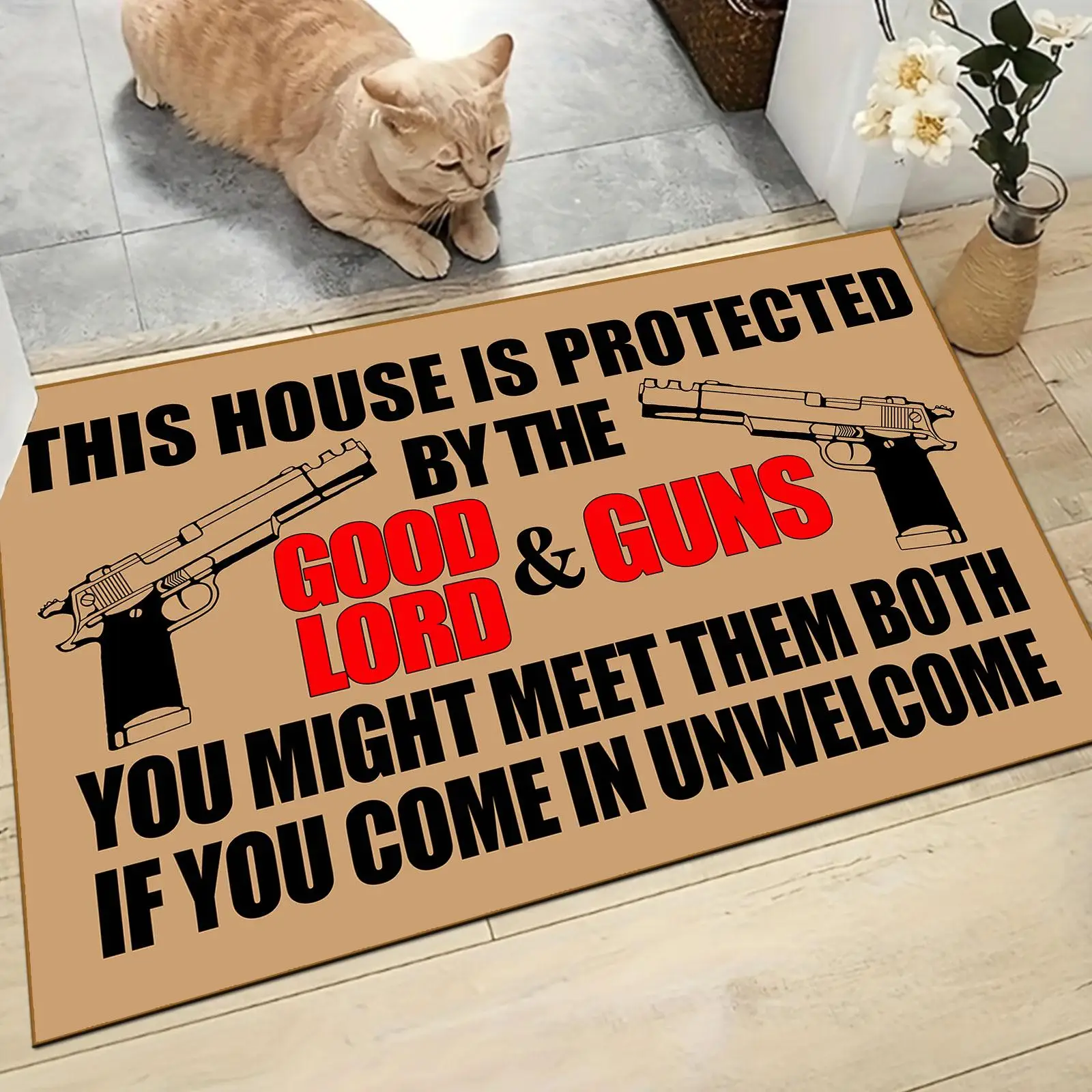 Letter & Gun Pattern Door Mat, Creative Household Dirty-resistant Floor Mat, Household Decorative Rug, Rectangle Home Entrance Door Mat for Home Livin