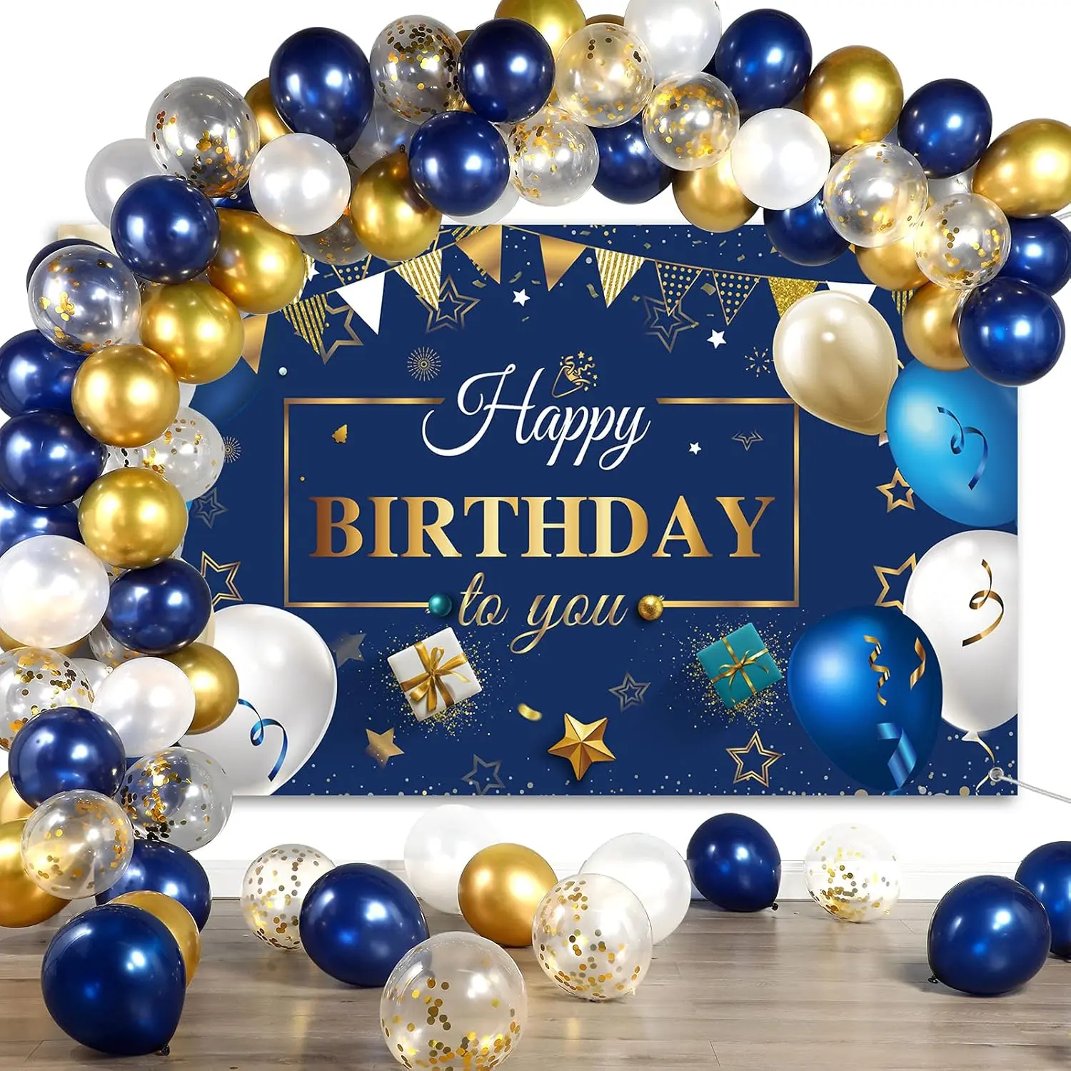 Navy Blue & Gold 50-Piece High Quality Latex Inflatable Paper Balloon & Confetti Photography Background Banner Set, Party Decorations Banners for All-Gender Birthday Celebrations, Latex Balloons